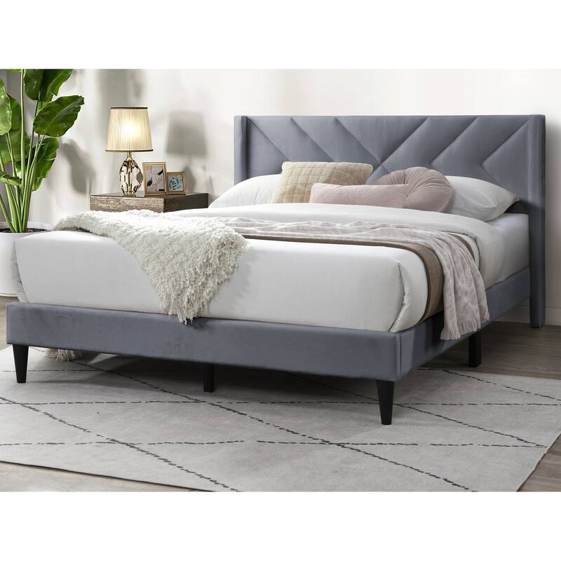 Modern Gray Velvet Upholstered Queen Size Bed with Geometric Headboard