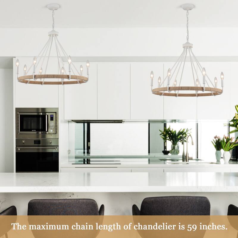 8-Light Hanging Candlestick Wagon Wheel Chandelier Hemp Rope Linear Chandelier Lighting for Kitchen Island