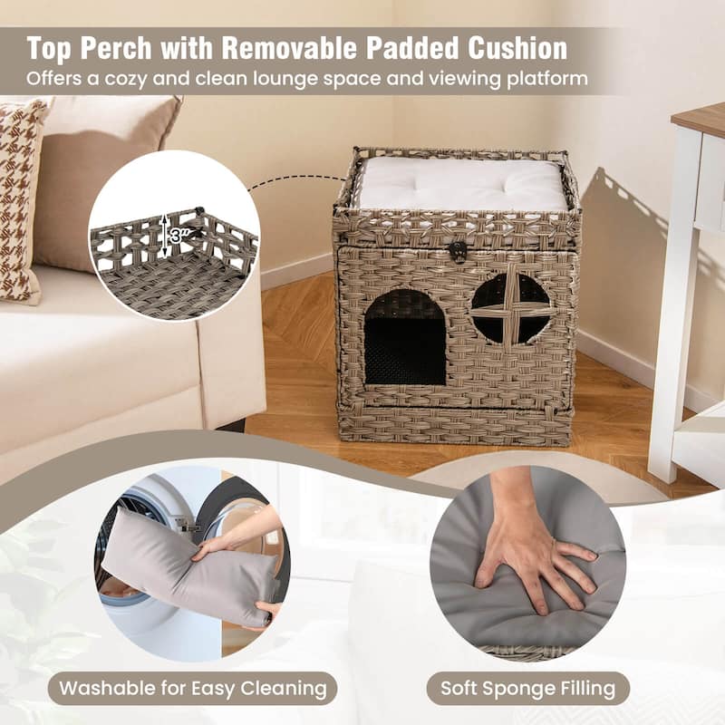 Costway Foldable 2-tier Rattan Cat Litter Box Enclosure with Litter - See Details