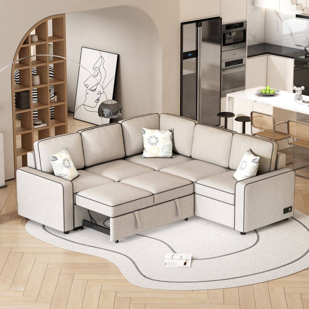 83" L-Shaped Pull Out Sofa Bed Modern Convertible Sleeper Sofa with 2 ...