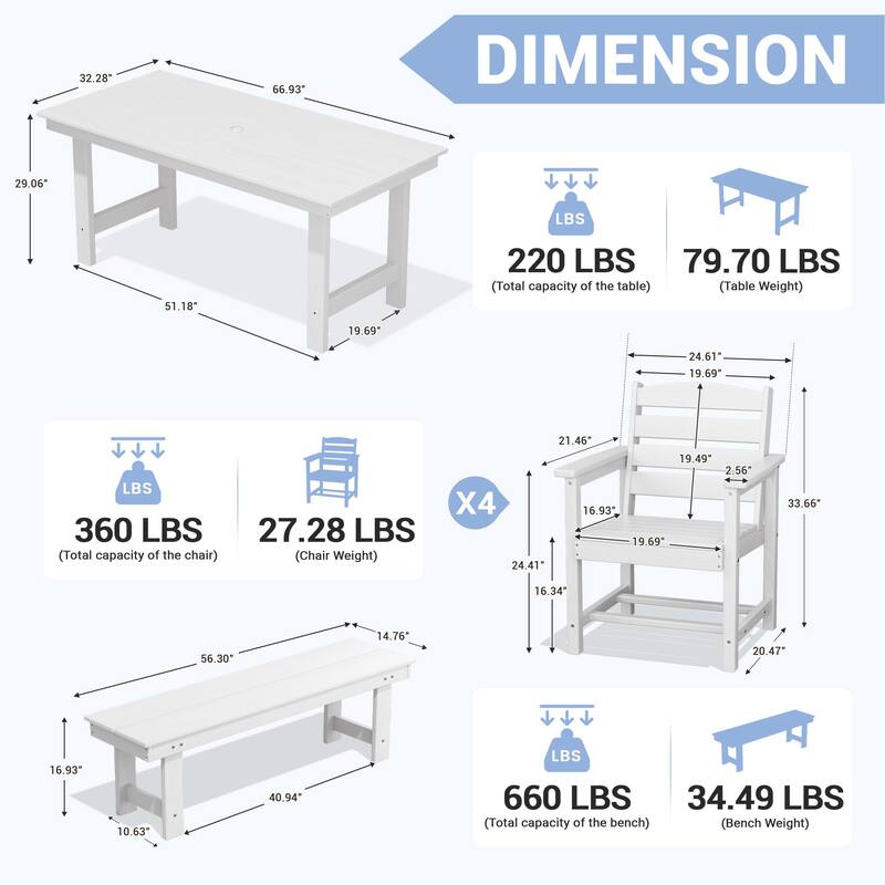 6-Piece HDPE Outdoor Dining Table Sets with Umbrella Hole - 1-Table 4-Chairs-1-Bench