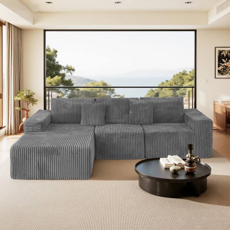 Modular Sectional Sofa with L-Shape Chaise, Full-Compressed Boneless Cloud Sofa, Corduroy Upholstered 3 Seater Sofa - Grey