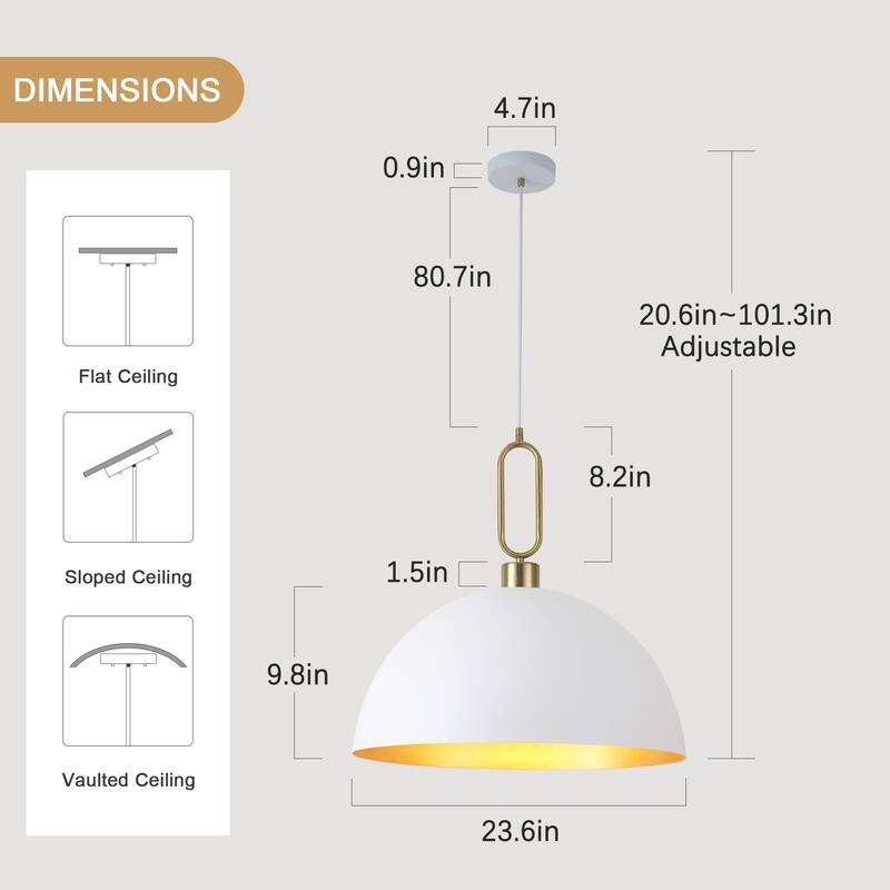 Industrial 1-Light 23.6" Metal Dome Pendant Light for Kitchen Island Dining Room