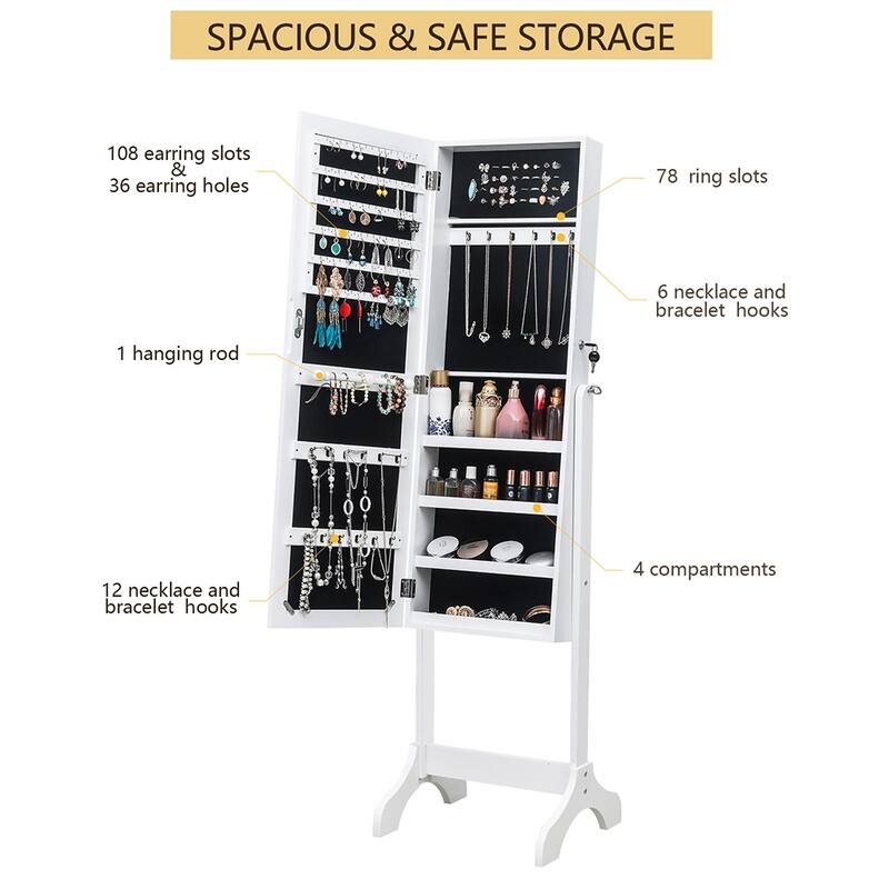 Wooden Floor Standing 4-Layer Shelf Jewelry Storage Adjustable Mirror Cabinet