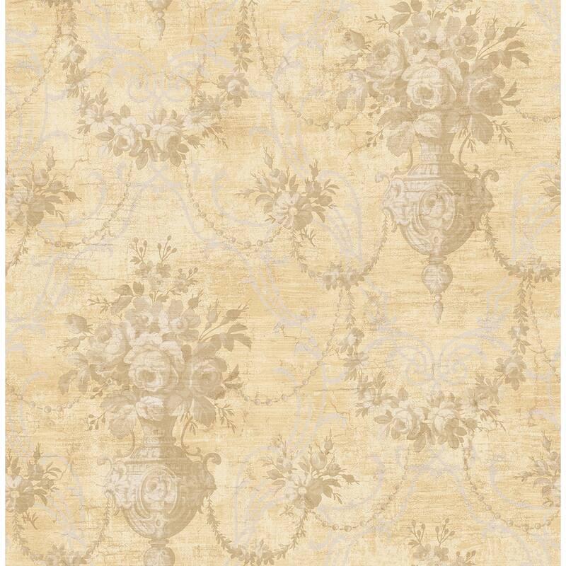 Seabrook Designs Donnington Floral Chandelier Unpasted Wallpaper - 20.5 in. W x 33 ft. L - Metallic Buttercup & Beige