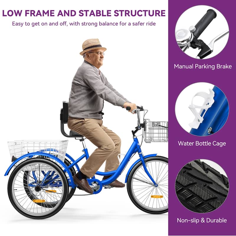 24" /26"Blue Adult Tricycle 3 Wheel Bikes 1 Speed Trike Bike