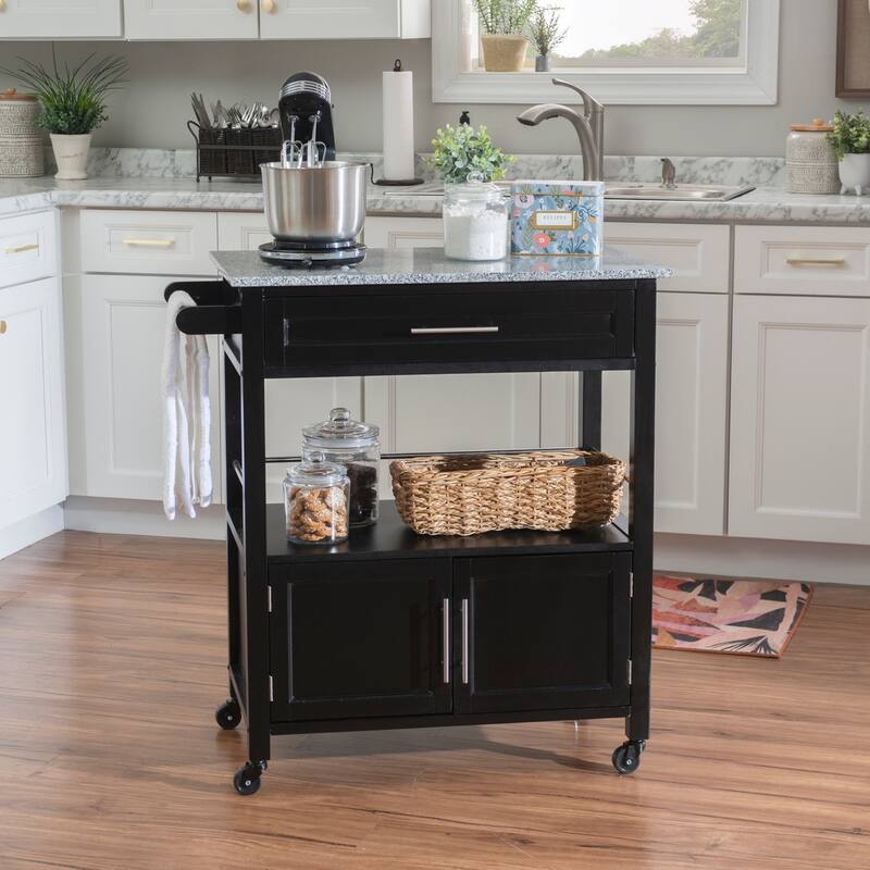Barbara Rolling Mobile Kitchen Cart with Granite Top - Black