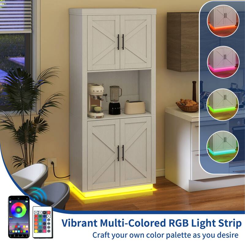 Moasis Farmhouse 71" Tall Kitchen Pantry Cabinet with Lights & Charging Station