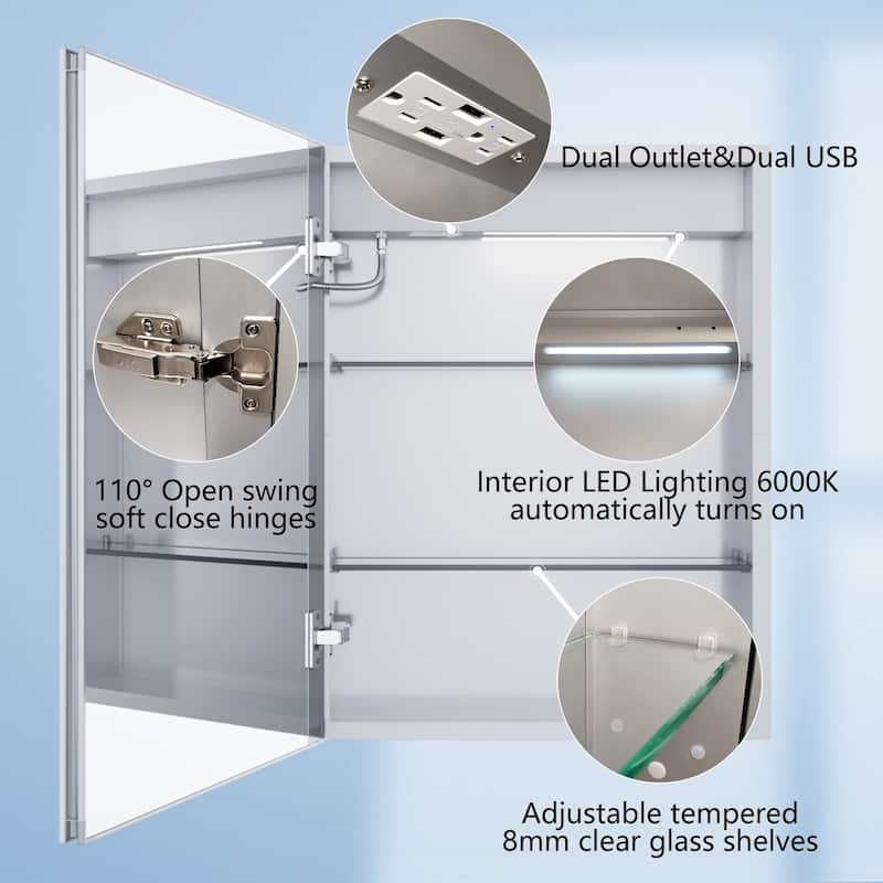 ExBrite LED Lighted Bathroom Medicine Cabinet with Mirror,Recessed or Surface Mount, Defog