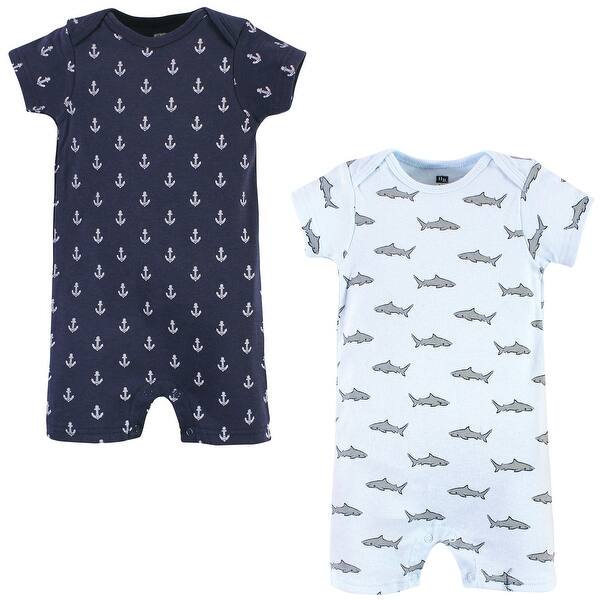 slide 1 of 1, Hudson Baby Infant Boy Cotton Rompers, Shark 0 - 3 Months - Blue
