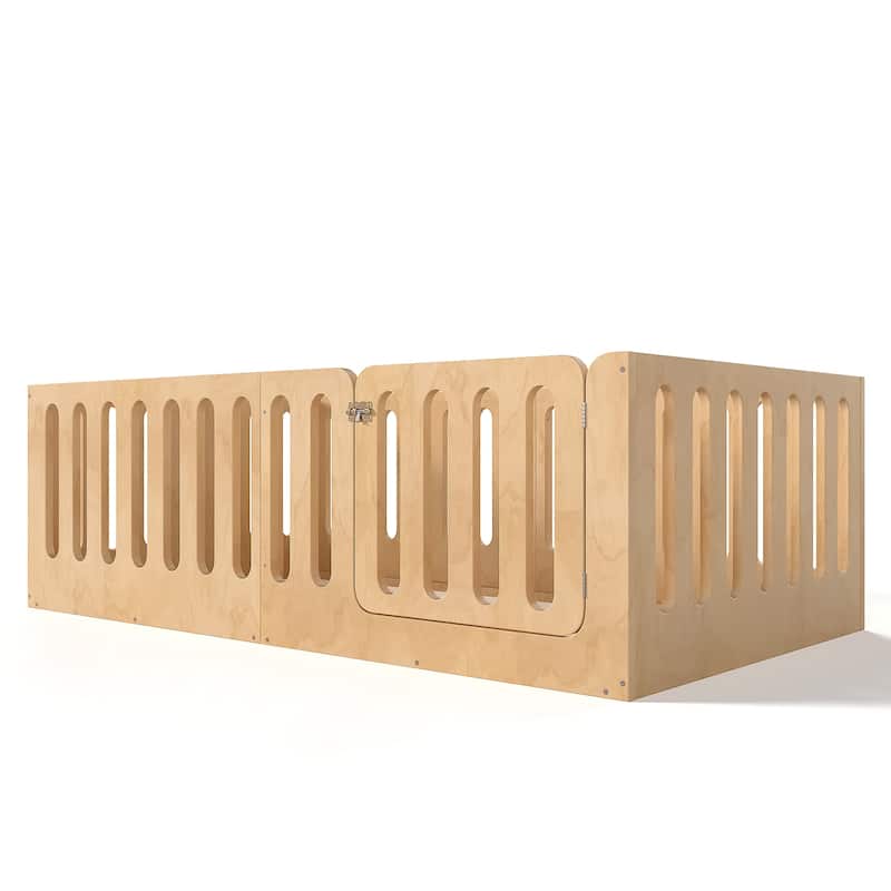 Twin Size Floor Bed with High Fence for Kids, Solid Wood Kids Montessori Bed with Door, No Box Spring Needed Design