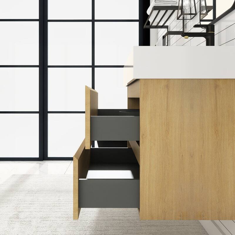 24/30/36 inch Wall-Mounted Bathroom Vanity Set in Oak with Integrated Resin Sink