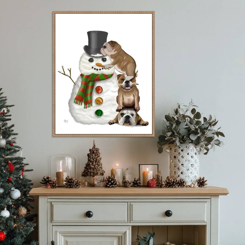 Christmas English Bulldogs Building Snowman by Fab Funky (23 x 28 in.), Framed Canvas Wall Art Print