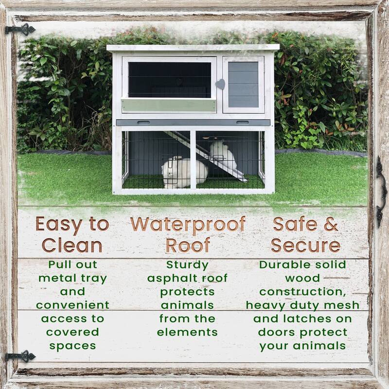 Hanover Outdoor Wooden 2-Story Rabbit Hutch with Ramp, Wire Mesh Run, Waterproof Roof, Removable Tray 3 Ft.W x 1.5 D x 2.6 H
