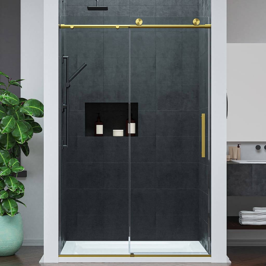 Mountain 48-inch Reversible Frameless Sliding Glass Shower Door with Soft-Close System