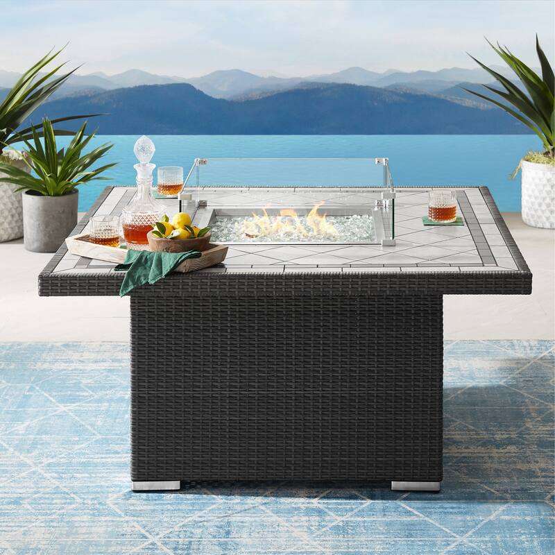 Corvus Duff 1-piece Square Wicker Patio Fire Pit Table with Ceramic Tile Top and Lid