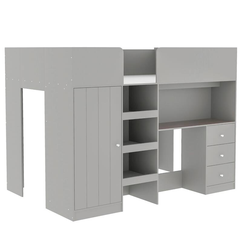Full Size Solid Wood Loft Bed with Built-in Wardrobe, Desk, and Shelves