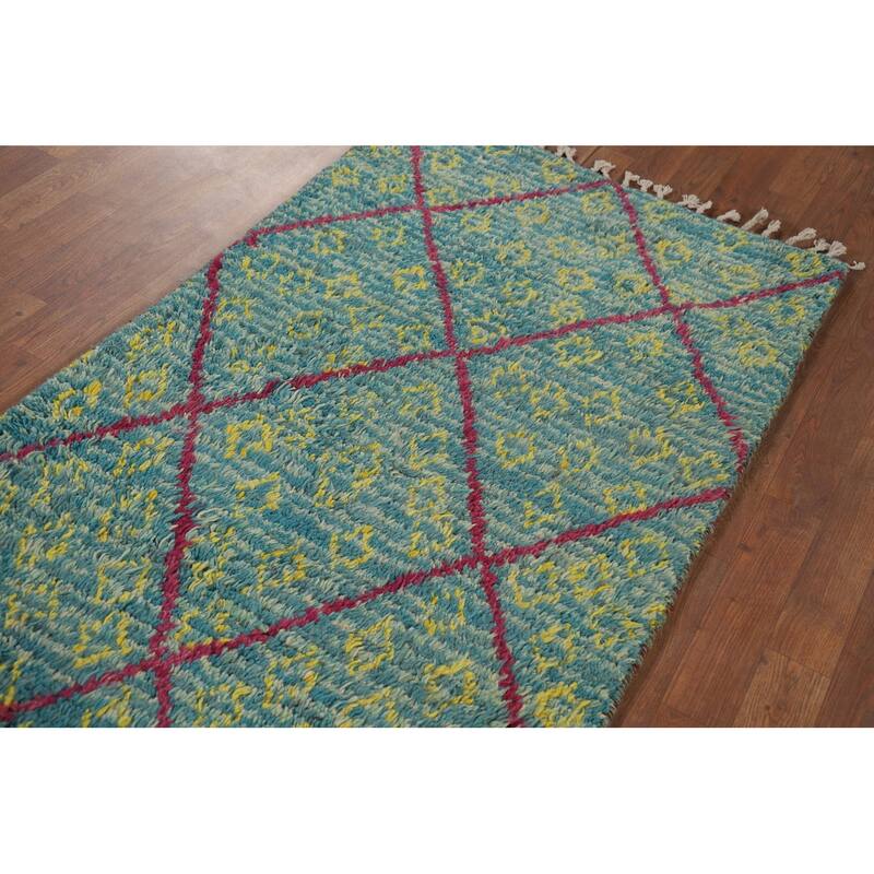 Turquoise Trellis Moroccan Plush Accent Rug Handmade Wool Carpet - 3'0" x 5'4"