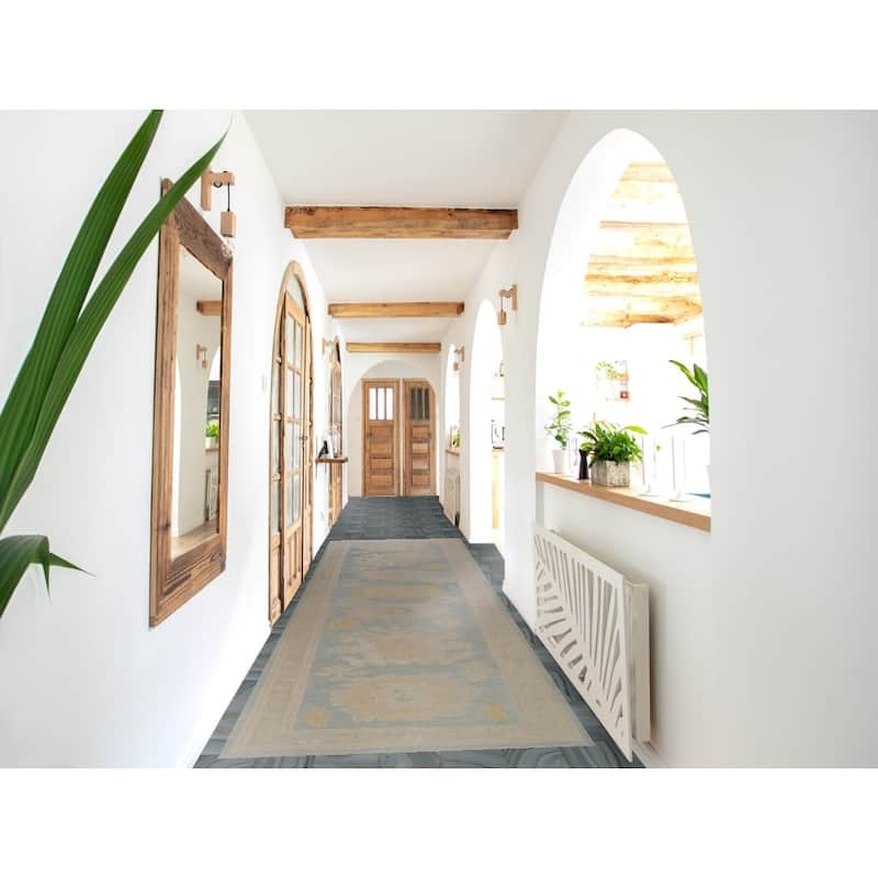 Hand Knotted Oriental 100% Wool Carpet Transitional Floral Navy Blue & Blues Oushak Runner Rug - 13' 6'' X 3' 4''