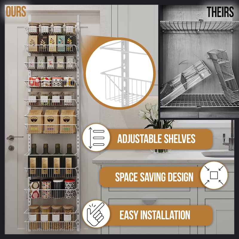 Over the Door Pantry Organizer - 9-Tier Organizer for Bathroom, Closet, or Kitchen Storage by Home-Complete (White) - 8 Shelves