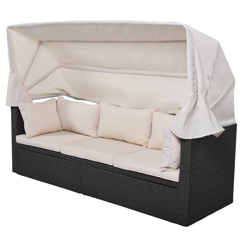 Outdoor Patio Rectangle Daybed with Retractable Canopy, Wicker