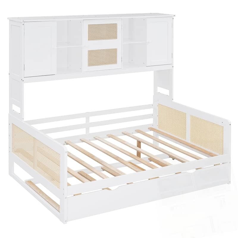 Wooden Daybed With Twin Size Trundle and All-in-One Cabinet and Shelf