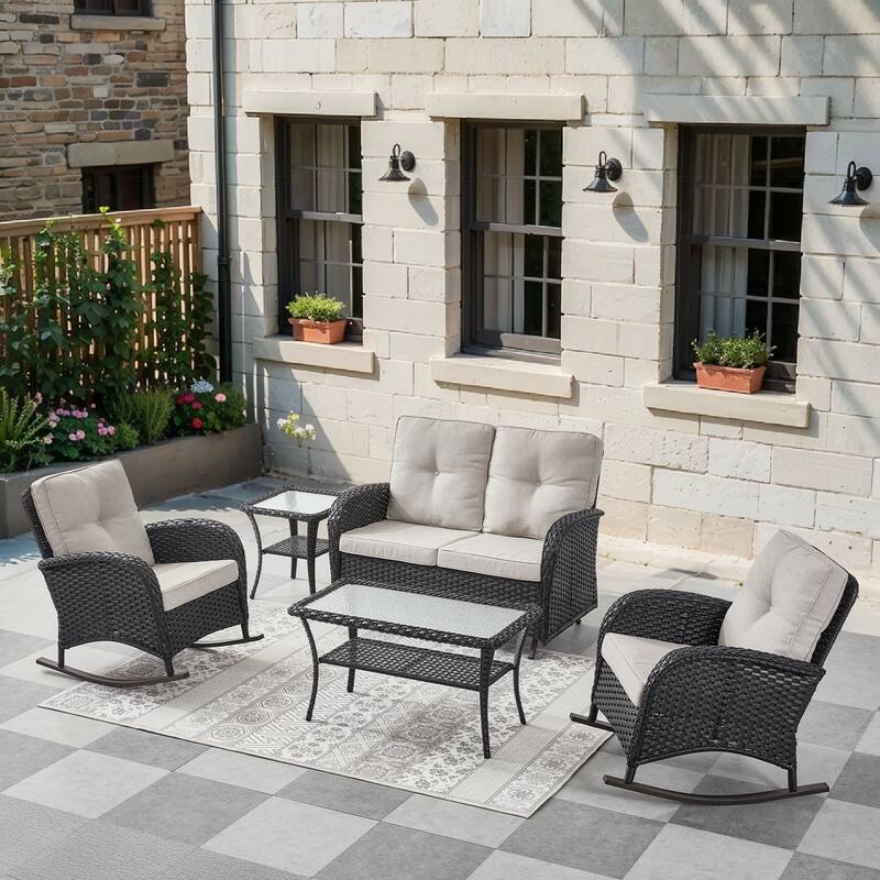 Pocassy 5 Pieces Glider Sofa with Rocker Chairs Ottomans - Black Wicker - Beige cushion