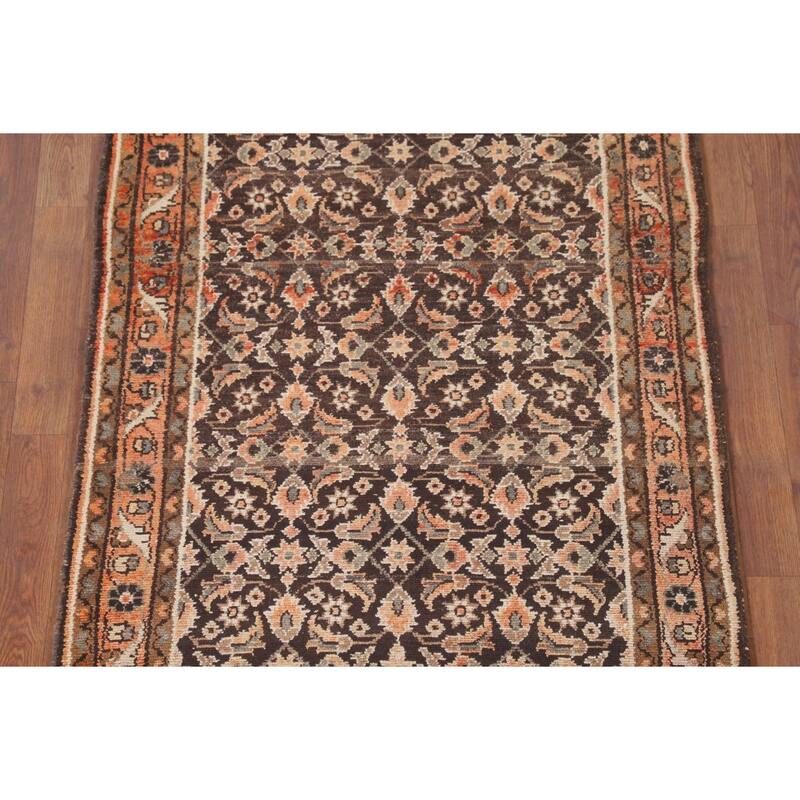 Brown Hamedan Persian Vintage Runner Rug Handmade Wool Carpet - 3'4"x 10'5"