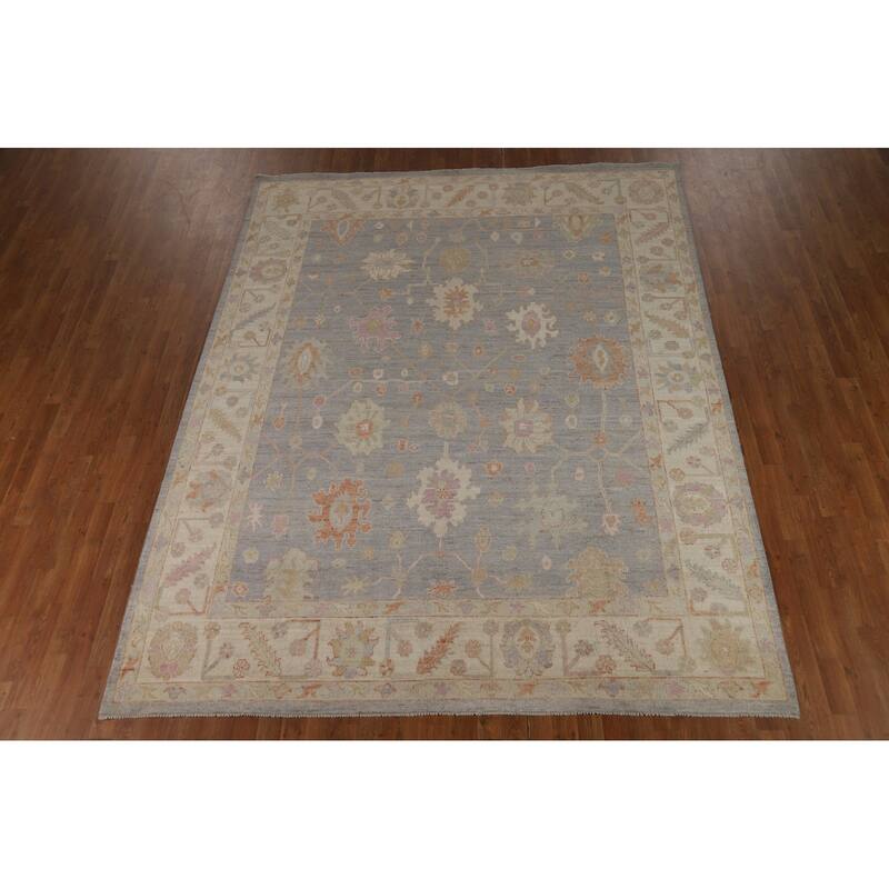 Vegetable Dye Oushak Turkish Area Rug Handmade Blue Floral Wool Carpet - 7'11" x 10'0"