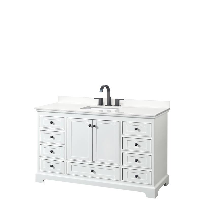 Deborah 60-inch Single Vanity, Quartz Top - White, Black Trim, White Quartz Top
