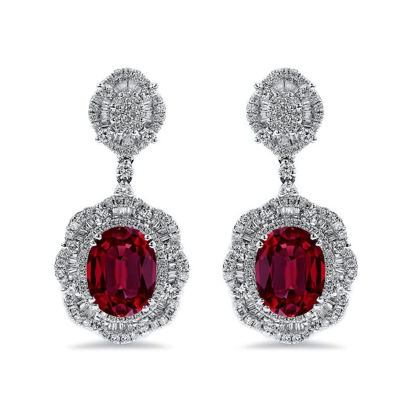 Auriya 5 3/4ct Fancy Oval-cut Red Ruby Halo Diamond Drop Earrings 2 5/8ctw 18k Gold