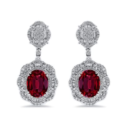 Auriya 5 3/4ct Fancy Oval-cut Red Ruby Halo Diamond Drop Earrings 2 5/8ctw 18k Gold