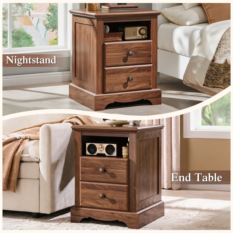 Vintage Wood Nightstand with Charging Station, End Table, Side Table