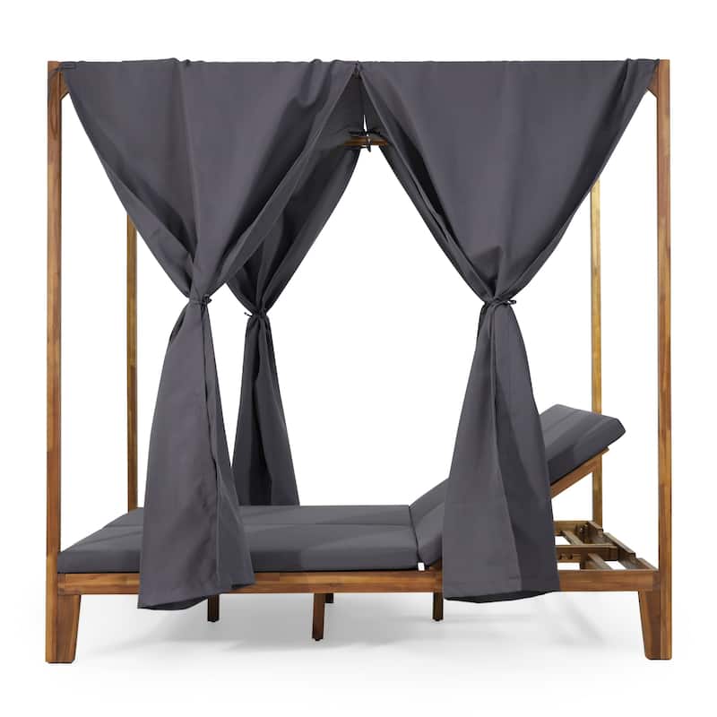 Kinzie Outdoor 2-seat Adjustable Acacia Daybed with Curtains by Christopher Knight Home - 51.25" L x 78.75" W x 78.75" H