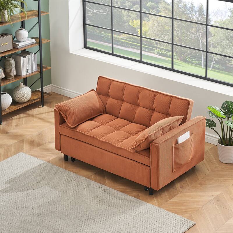 54.3'' Modern Corduroy Upholstered Convertible Sofa Bed with Side Pocket and Pillows