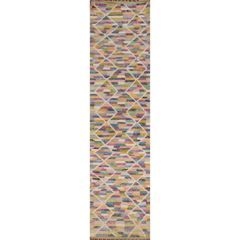 Modern Trellis Moroccan Oriental Runner Rug Hand-Knotted Wool Carpet - 2'5"x 12'8"