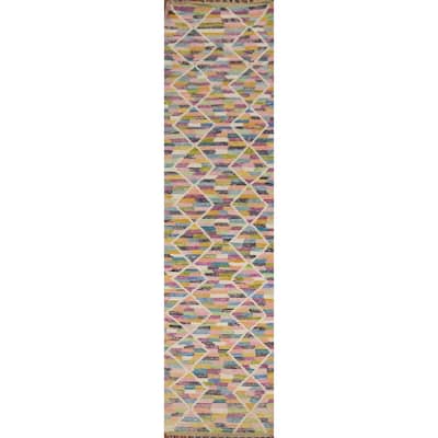 Modern Trellis Moroccan Oriental Runner Rug Hand-Knotted Wool Carpet - 2'5"x 12'8"