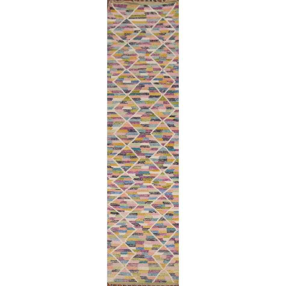 Modern Trellis Moroccan Oriental Runner Rug Hand-Knotted Wool Carpet - 2'5"x 12'8"