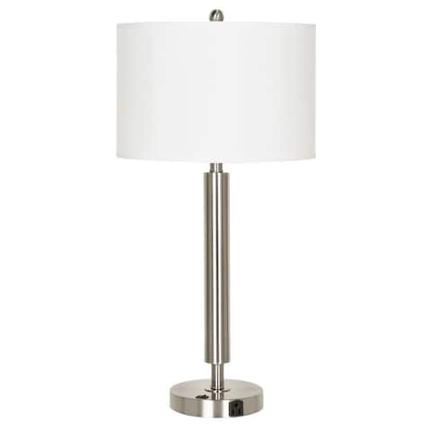 Metal Table Lamp with Fabric Drum Shade, White and Silver - 30 H x 15 W x 15 L Inches