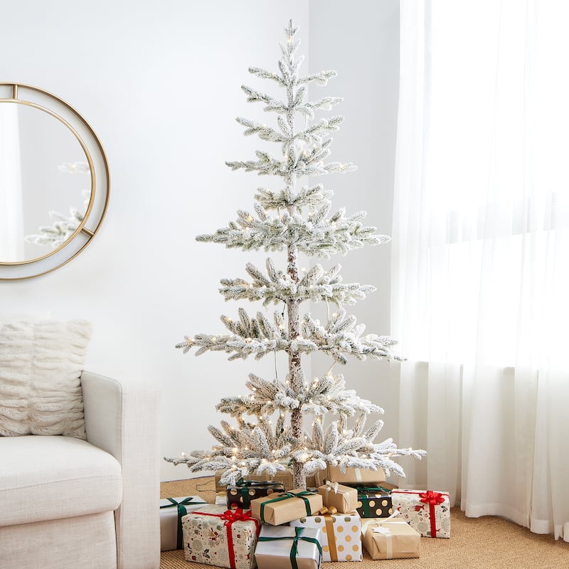 Glitzhome 6ft/7ft/9ft Deluxe Pre-Lit Flocked Slim Fir Artificial Christmas Tree with Warm White Lights - 6 Foot