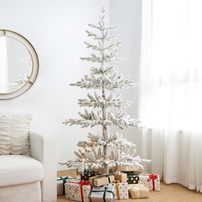 Glitzhome 6ft/7ft/9ft Deluxe Pre-Lit Flocked Pine Artificial Christmas Tree with Warm White Lights