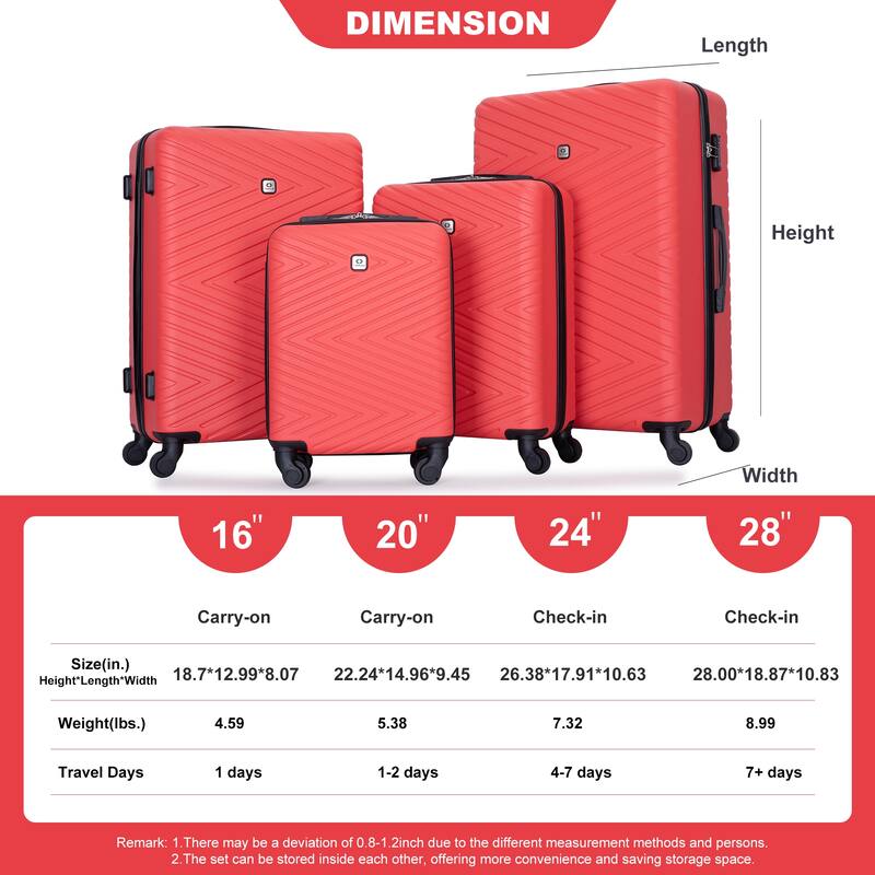 luggage 4-piece ABS lightweight suitcase with rotating wheels, 24 inch and 28 inch with TSA lock, (16/20/24/28) - Red