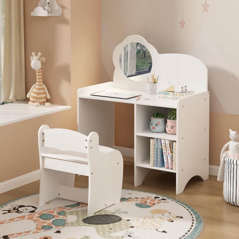 Anmytek Kids Wooden Vanity Table with Mirror and Chair Storage Shelves Multifunctional Study Activity Table - White - No Drawers