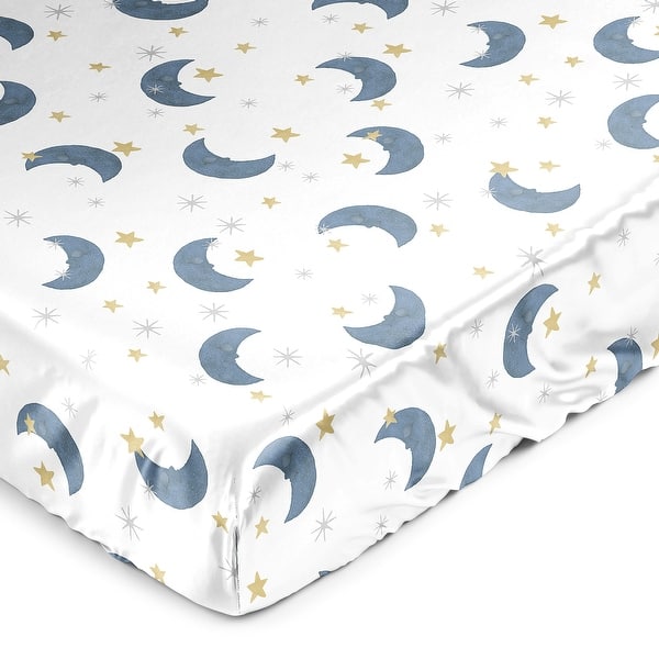 slide 2 of 6, Sweet Jojo Designs Moon and Star Boy Girl Unisex/Gender Neutral Satin Fitted Crib Sheet Blue Gold Watercolor Celestial Galaxy