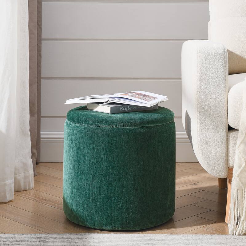 Roomfitters 2-Piece Round Chenille Storage Ottoman Set with Drum-Shaped Stool and MDF Top, Hidden Compartment