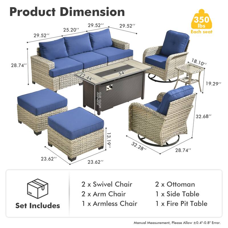 OVIOS 9 Pieces T shaped Seat Curved Swivel Chair Set With Fire Pit