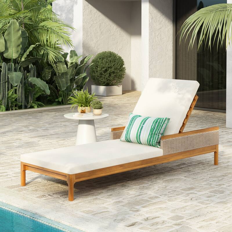 Christopher Knight Home - Solid Acacia Wood Outdoor Chaise Lounge with 4-Position Adjustable Backrest & Woven Rattan Accents - Set of 1+Beige,Light Grey