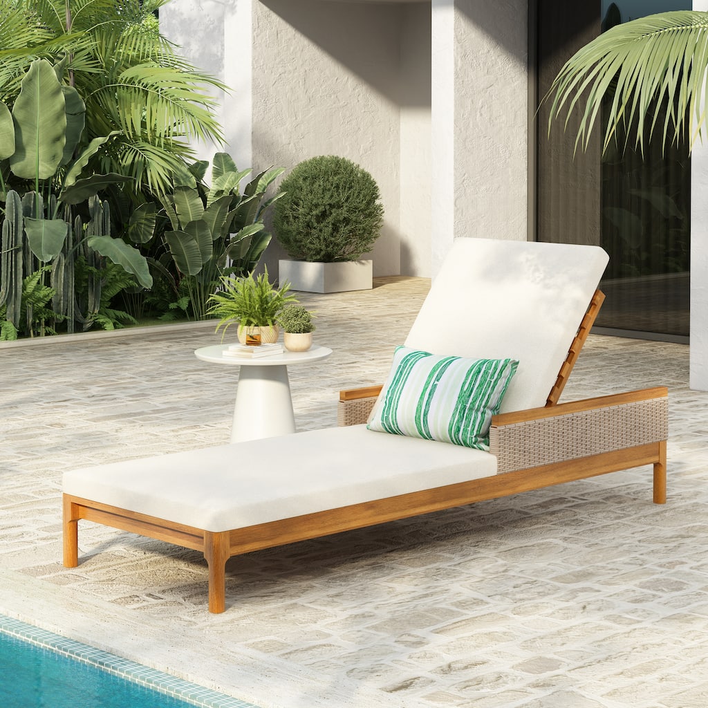 Christopher Knight Home - Solid Acacia Wood Outdoor Chaise Lounge with 4-Position Adjustable Backrest & Woven Rattan Accents