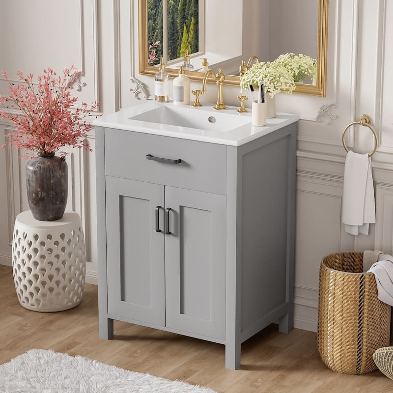 GDFStudio - Nova Wood & Ceramic Bathroom Vanity Cabinet with Single Sink - 24" - Grey