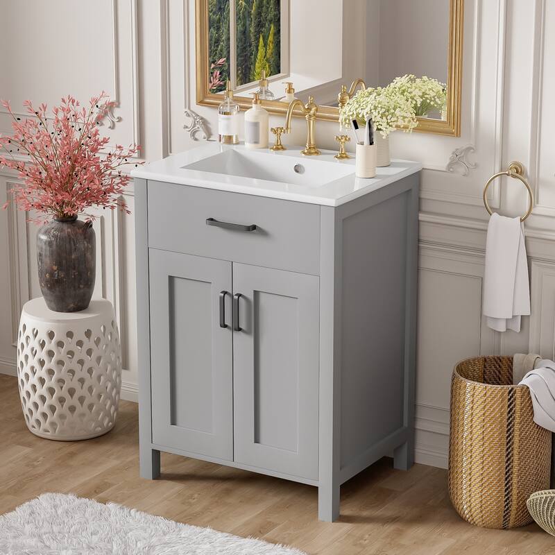 Small Bathroom Vanity with Ceramic Sink, Bathroom Cabinet with 2 Soft Close Doors & Drawers, Freestanding Storage Cabinet - Grey